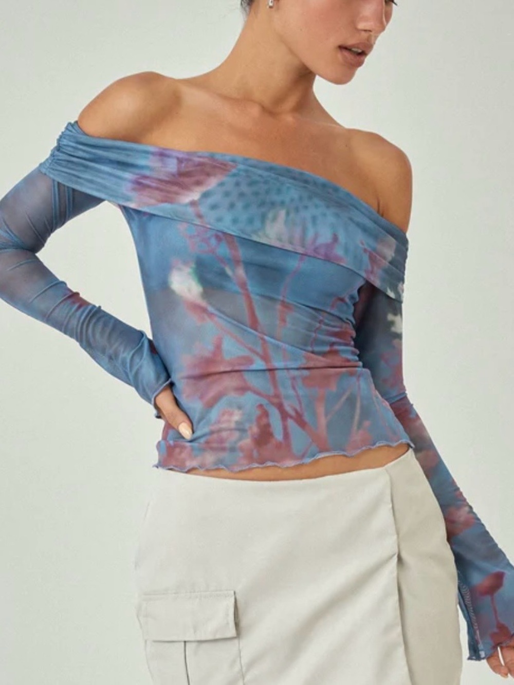 Morel Rocks Off-Shoulder Blue Floral Mesh Top